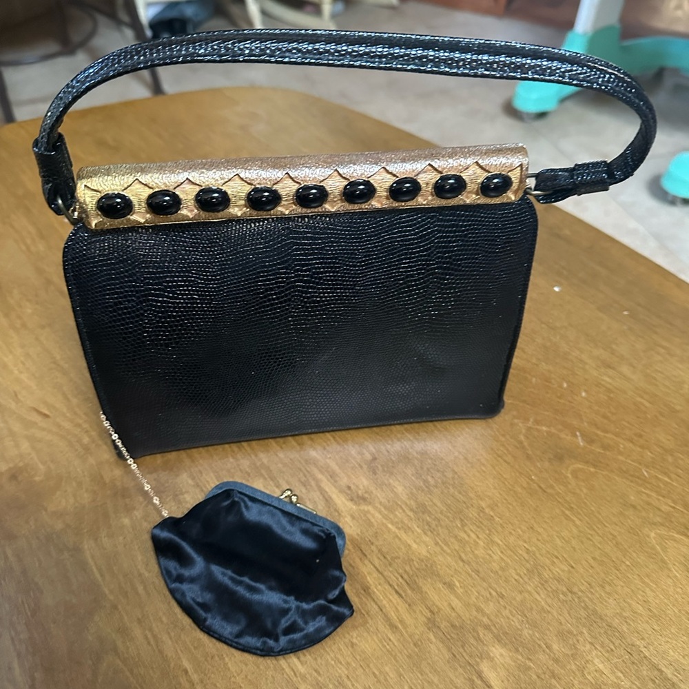 JULIART MCM  framed handbag purse black gold w attached change purse vintage